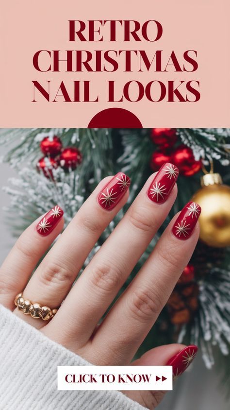 Christmas Accent Nail Designs, Christmas Star Nail Art, Vintage Christmas Nails, Christmas Star Nails, Retro Christmas Nails, Res Nails, Classic Christmas Nails, Sorority Nails, Nails In Red