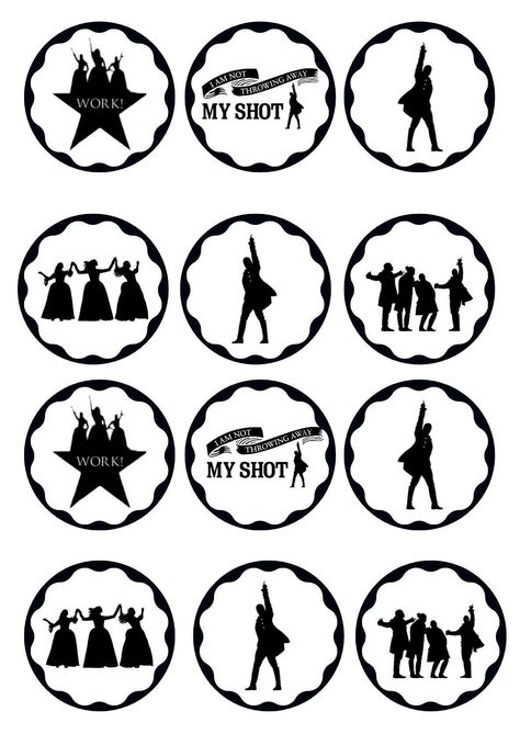 Do you have a Hamilton fan or a Hamilton watch party coming up?  These cupcake toppers are for you!  There are 24 fronts (6 different designs) and 24 backs.  They are designed to be cut out with a toothpick or small stick taped in between, ready to top your cupcakes or other festive food.  They can also just be used as tabletop party decor or essentially large-scale confetti... or taped onto a string and hung as a garland.  The options are endless! This is a digital file only (pdf)... no printed Hamilton Cake Topper, Hamilton Party Decorations, Hamilton Birthday Party Ideas, Alexander Hamilton Birthday, Hamilton Party, Hamilton Logo, Broadway Theme, Musicals Funny, Hamilton Jokes