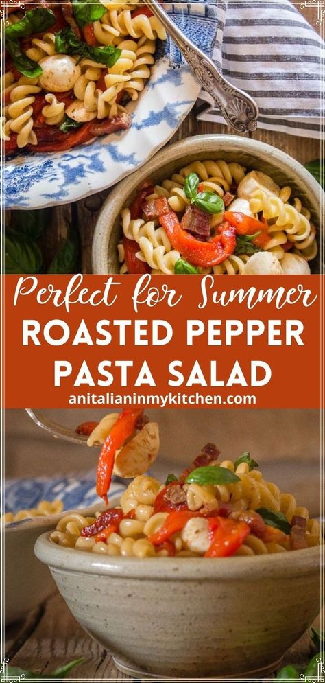 Roasted Pepper Pasta Salad the perfect end to Summer lunch, dinner or even side dish recipe. A delicious summer pasta salad full of roasted peppers, pancetta, fresh mozzarella, spices and an amazing balsamic dressing. Pepper Pasta Salad, Roasted Pepper Pasta, Creamy Italian Pasta Salad, Rice Salad Bowl, Strawberry Feta Salad, Summer Pasta Dishes, Tomato Pasta Salad, Roasted Red Pepper Pasta, Red Pepper Pasta