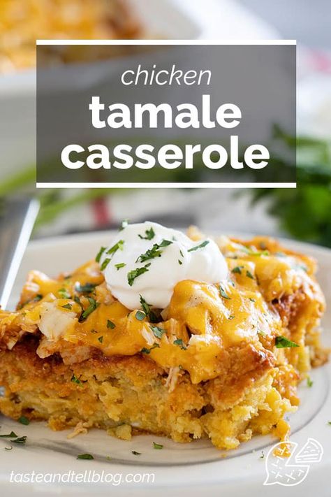 An easy way to have the flavors of tamales on a weeknight, this Chicken Tamale Casserole is super easy and packed with flavor. Chicken Tamale Casserole, Chicken Tamale, Tamale Casserole, Taco Mexican, Chicken Tamales, Jiffy Cornbread Mix, Jiffy Cornbread, Tamale Pie, Green Enchilada Sauce