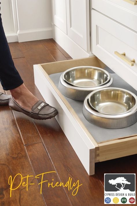 For those looking to take the extra step of making their home pet-friendly, add a dog shower to your mudroom or bathroom! There are also many great additions to cabinets such as adding a dog food and water bowl that can easily be pulled out or put away in your kitchen. We can help with any of your cabinet needs, including custom cabinets. Built In Dog Bowl Drawer, Dog Bowl Cabinet, Dog Eating Station Ideas, Open Bottom Kitchen Cabinets, Dish Drawers, Dog Station, Dog Bowl Holder, Custom Dog Bowls, Mudroom Cabinets