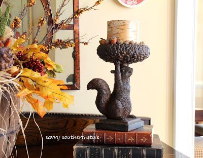 Thanksgiving Mantel Decor, Squirrel Decor, Squirrel Gift, Fall Table Centerpieces, Savvy Southern Style, French Country Design, Tin Can Crafts, Fall Mantel, French Country Cottage