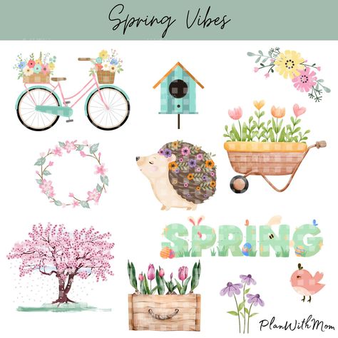 Spring Sticker Ideas, Spring Stickers Free Printable, Spring Digital Stickers, Cute Spring Stickers, Spring Stickers Aesthetic, June Stickers, April Stickers, Spring Chalkboard Art, Spring Illustrations