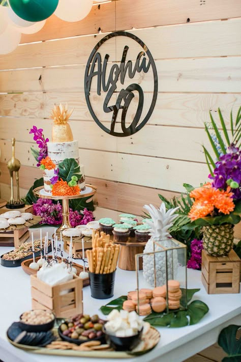 40th Tropical Birthday Ideas, 50th Luau Birthday Party, Tropical Birthday Party For Men, Tropical Theme 40th Birthday Party, Tropical 70th Birthday, Hawaiian 60th Birthday Party, Hawaiian 30th Birthday Party, Aloha 30th Birthday Party Ideas, Luau 50th Birthday Party