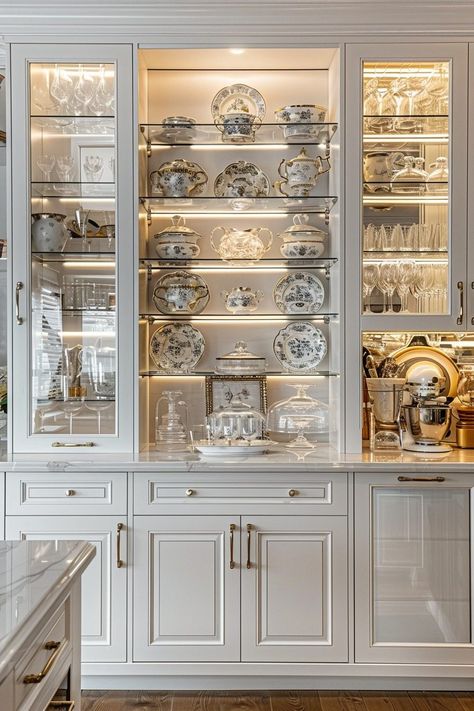 29 Elegant Kitchen Decor Ideas to Transform Your Cooking Space 7 Kitchen Glassware Display, Kitchen Glass Cabinets Display Ideas, Fine China Display, Kitchen Glass Cabinets, Smart Kitchen Technology, Built In China Cabinet, Elegant Kitchen Decor, Glass Kitchen Cabinets, Kitchen Technology