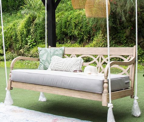 This daybed swing is made of solid mahogany wood fearuring a beautiful design on the back rest. Relax & enjoy your outdoor living space with this elegant daybed swing. #ad #daybed #swing #outdoorlivingspace #outdoorswing #mahogany #patioideas #porchdecorating #porchlife #daybedswing #outdoorfurnitureideas #outdoorstyle Teak Rocking Chair, Wooden Daybed, Wood Porch, Swing Bed, Lime Wash, Patio Swing, Outdoor Daybed, Bed Swing, Outdoor Swing