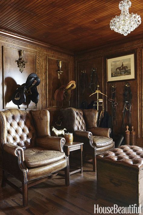 Midwest Estate's Stable Now Multitasks - Annie Brahler-Smith Transforms Horse Barn Horse Decor Living Room, Tack Rooms, Leather Wing Chair, Salvaged Doors, Custom Dining Tables, Equestrian Decor, Hunting Lodge, Tack Room, Horse Decor