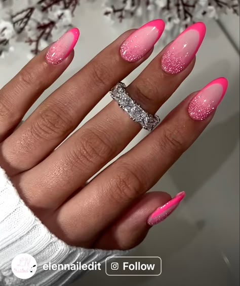 Sparkly Bright Nails, Bright Pink Nails Ideas, Bright Pink Sparkle Nails, Bright Sparkly Nails, Pink Sparkly Almond Nails, Pink Friday Nails, Hot Pink Nails With Design Glitter, Pink Disco Nails, Bright Pink Nail Ideas