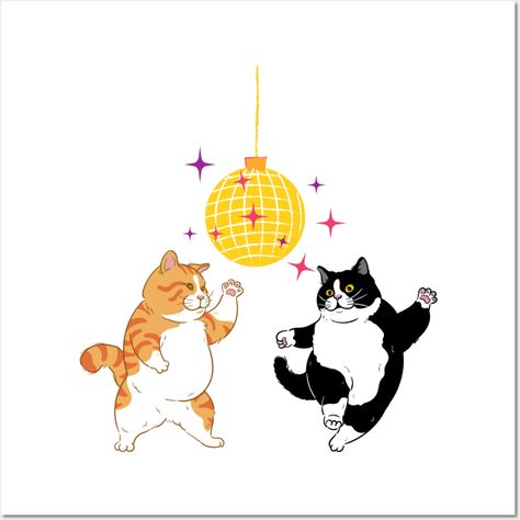 Dancing disco ball cats. Orange tabby and tuxedo cat gettin their groove on. -- Choose from our vast selection of art prints and posters to match with your desired size to make the perfect print or poster. Pick your favorite: Movies, TV Shows, Art, and so much more! Available in mini, small, medium, large, and extra-large depending on the design. For men, women, and children. Perfect for decoration. Cat Art Inspiration, Groovy Cat Art, Wall Art Cat, Dancing Cat Illustration, Orange Cats Drawing, Cat Besties, Photo Wall Collage Photos, Party Cat, Dancing Cat Drawing