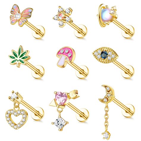 PRICES MAY VARY. 🍄Tragus Earring Set: 9 pieces tragus studs with flat back and internally threaded screw top adorned with various shapes, including butterfly cartilage jewelry, cz tragus jewelry, flower tragus piercing, planet tragus earrings for women, leaf ear piercing, mushroom flat back earrings for cartilage, evil eye 16g tragus jewelry, heart cartilage piercing jewelry and moon conch piercing jewelry, are cute tragus piercing jewelry for women. 🍄Helix Piercing Gauge Size: 16g (1.2mm). Ba Gold Tragus Jewelry, Medusa Piercing Jewelry, Tragus Piercing Earrings, Piercing Bar, Industrial Piercing Jewelry, Forward Helix Earrings, Ear Piercing Studs, Conch Piercing Jewelry, Tragus Piercing Jewelry