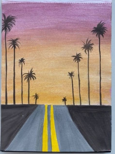 Sunset Drawing Easy, Drawing Sunset, Sunset Canvas Painting, Colour Drawing, Sky Art Painting, Palm Trees Painting, Oil Pastel Paintings, Cool Pencil Drawings, Canvas Painting Tutorials