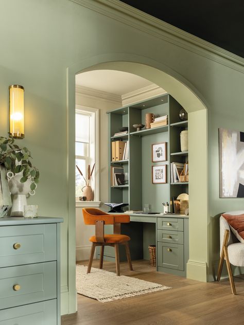 Alcove Desk, Green Home Offices, Bedroom Office Space, Bedroom Workspace, Home Working, Contemporary Home Office, Study Furniture, Fitted Furniture, Home Office Space