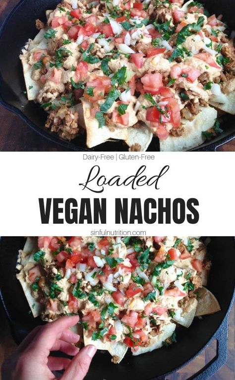 Loaded Vegan Nachos with Walnut Cheese Sauce - Sinful Nutrition Easy Vegan Dinners, Vegan Ground Beef, Oil Free Vegan Recipes, Vegan Party Food, Vegan Nachos, Loaded Nachos, Vegan Snack, Easy Vegan Dinner, Healthy Vegan Snacks