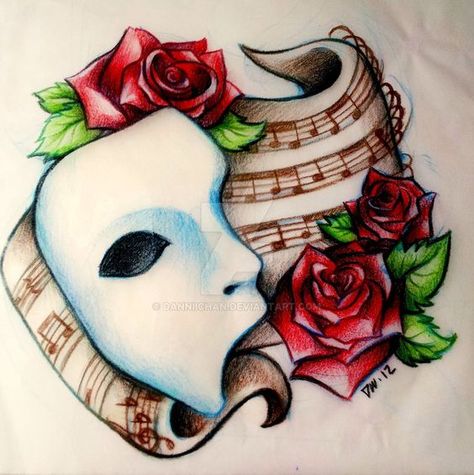 Phantom of the Opera by Danniichan via Deviantart Opera Mask, Opera Ghost, Arte Monster High, Antique Porcelain Dolls, Mask Drawing, Quilled Creations, Music Drawings, Mask Tattoo, Tatuaje A Color