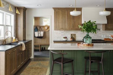 Kitchen of the Week: Warm and Inviting in White, Wood and Green Green Kitchen Island, Dining Room Pantry, Green Island, Lovely Kitchen, Kitchen Addition, Wood Island, Modern English, Green Cabinets, Island With Seating