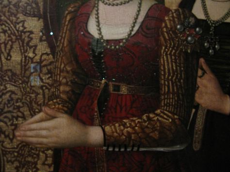 Detail St Catherine of Bologna, by the Master of the Baroncelli Portraits, Bruges, c. 1510, Victoria and Albert Museum. Lacing rings abungo, plus gorgeous sleeves Directed By Sofia Coppola, Color History, Daena Targaryen, Painting Details, Fire And Blood, Dragon Dance, Targaryen Aesthetic, Green Queen, St Catherine