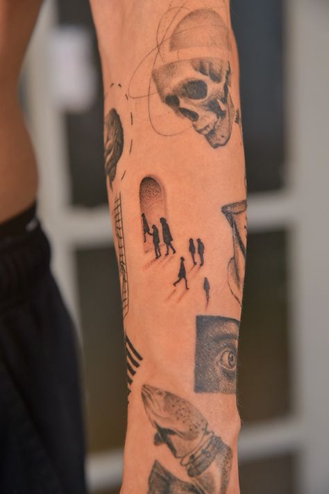 #microrealism #microrealismtattoo Unique Men Tattoos Creative, Patched Sleeve Tattoo, Functional Tattoos, Ditch Tattoos, Photorealism Tattoo, Realism Sleeve, Minimal Tatoo, Pop Art Tattoo, Mosaic Tattoo