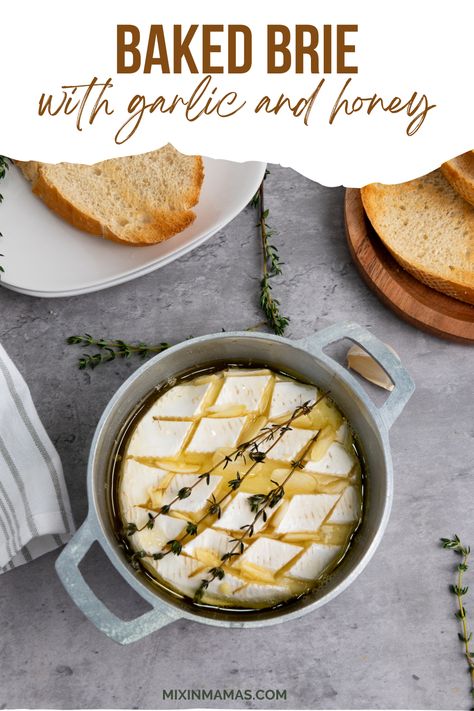 This Baked Brie with Garlic and Honey is a delightful appetizer for any occasion, especially in the fall and winter when you want something warm and cozy. Serve this with crostini, baguette, crackers, or even some sturdy veggies like zucchini or carrots. Baguette Crackers, Garlic Baked Brie, Baked Brie With Garlic, Honey Baked Brie, Baked Brie With Honey, Baked Brie Honey, Honey And Garlic, Garlic And Honey, Brie Baker