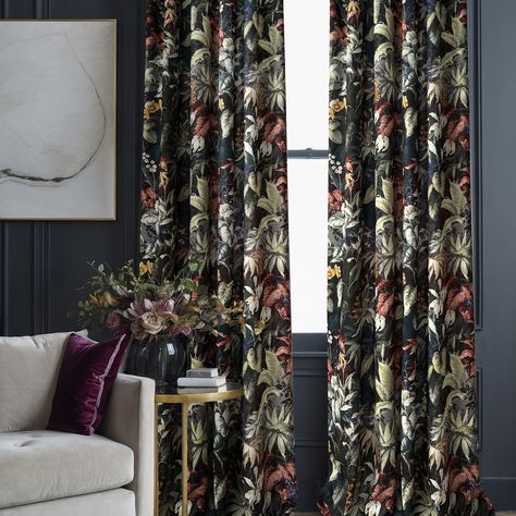 Enhance the ambience of your living space with this stunning pair of Floral Bohemian Living Room Curtain Panels. Custom-made to perfectly fit your bedroom, these blackout lined curtains feature a striking Tropical Patterned Dark design that will elevate the look of your room. The fabric is soft and folds beautifully, creating an elegant drape. With a blackout rate of 60%, these curtains offer both style and functionality. For added privacy, you have the option to include additional blackout lini Plum Curtains Living Rooms, Moody Bedroom Curtains, Black Curtains Living Room, Plum Curtains, Floral Drapes, Living Room Curtain, Custom Bedroom, Blackout Curtains Bedroom, Curtains Blackout