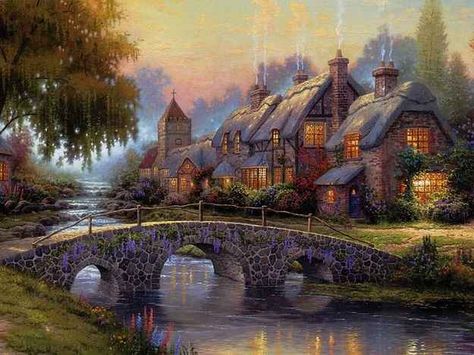 Cobblestone Bridge, Thomas Kinkade Cottage, Thomas Kinkade Art, Thomas Kinkade Paintings, Thomas Kincaid, Kinkade Paintings, Art Thomas, Cottage Art, Thomas Kinkade