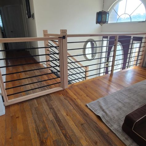 ✨ More Pics from Our Latest Railing Transformation in Toms River, NJ! 🏡 We shared a sneak peek, but today, we’re dropping some before-and-after magic! 💥 Swipe to see how we took these old, dated wrought iron rails and replaced them with sleek modern horizontal railings featuring black metal bars. Oh, and check out that custom dog gate we added for extra safety and style! 🐕✨ Before: An outdated all metal railing. After: A fresh, modern horizontal rail with clean lines and all the safety you... Horizontal Railing, Horizontal Interior Railing, Horizontal Iron Stair Railing, Modern Farmhouse Horizontal Stair Railing, Horizontal Rebar Railing, Steel Horizontal Railing, Custom Dog Gates, Loft Railing, Interior Railings