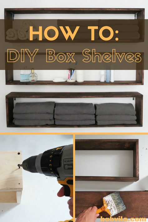 Almost any room could use some extra shelving. This DIY box shelf project will help you give any room a little extra organization with more shelf space. 1. To make 3 shelves, cut 8’ 1x6 lumber into six 4’ pieces, and six 9” pieces. 2. Glue and screw the pieces to construct 3 box shelves. 3. Sand and stain the shelves the color of your choosing. 4. Hang with L-brackets and then organize your stuff! Diy Box Shelves, Shelves In The Bathroom, Box Shelf, Bathroom Diy, Wooden Wall Shelves, Diy Wall Shelves, Box Shelves, Easy Build, Estantes Flotantes