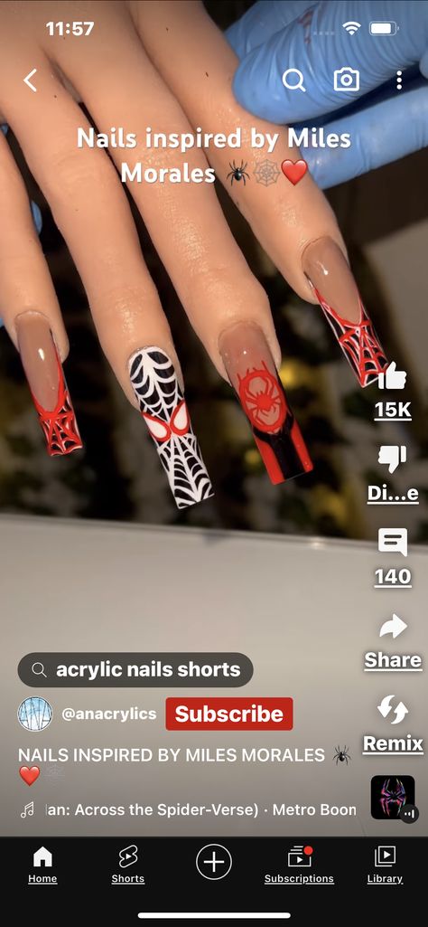 Miles Morales Acrylic Nails, Spiderman Nails Miles Morales, Miles Morales Nails Designs, Batman Acrylic Nails, Miles Morales Nails, Spiderman Nails Acrylic, Spiderman Nails, Batman Nails, Vday Nails