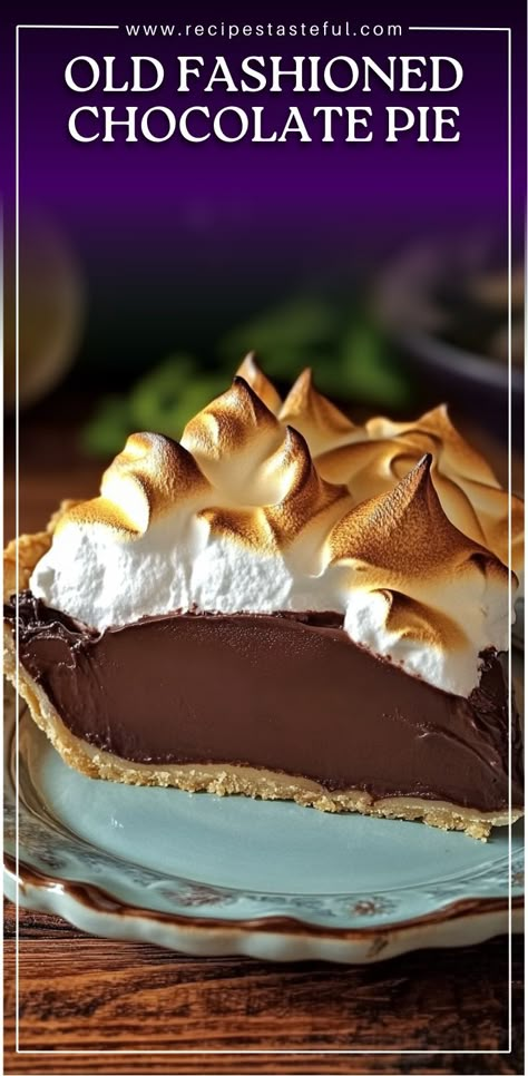 Indulge in the rich, creamy goodness of this Old Fashioned Chocolate Pie with Golden Meringue. The velvety chocolate filling topped with a perfectly baked golden meringue makes this pie a classic favorite. Perfect for dessert lovers and any special occasion! #ChocolatePie #OldFashionedDessert #MeringuePie #ChocolateLovers #ClassicDesserts #HomemadePie #BakingFromScratch Old Fashioned Chocolate Pudding, Old Fashioned Desserts, Old Fashioned Chocolate Pie, Homemade Chocolate Pie, Chocolate Pie Filling, Chocolate Meringue Pie, Chocolate Pudding Pie, Chocolate Pie With Pudding, Meringue Pie Recipes