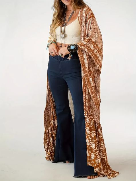 Kimono 70s Outfit, 70s Fashion Plus Size 1970s Style, 70’s Inspired Outfits Plus Size, 70s Tops Women Plus Size, Flared Sleeves Top 70s, Fashion 70s, Lace Cardigan, Womens Kimono, Vacation Style