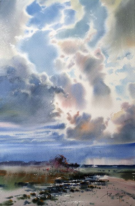 Landscape Sketch Pencil, Watercolour Ideas, Watercolor Art Landscape, Watercolor Clouds, Abstract Watercolor Landscape, Watercolour Landscape, Watercolor Sky, Landscape Sketch, Sketch Pencil