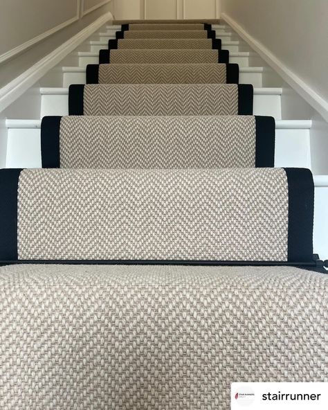 Definitely one of our best sellers! Fibre Flooring Chalk herringbone with black border @fibreflooring @jaspa_binding_tapes stair runner and landing carpet. Black jubilee stair rods @stairrods_uk #stairs #stairrunner #carpet #stairrods #stairrunners Carpet Runner On Stairs Brass Rods, Herringbone Carpet Stairs And Landing, Stairs Runner Carpet, Herringbone Carpet Stairs, Stairs Carpet Runner, Fibre Flooring, Landing Carpet, Herringbone Carpet, Stairs And Hallway Ideas