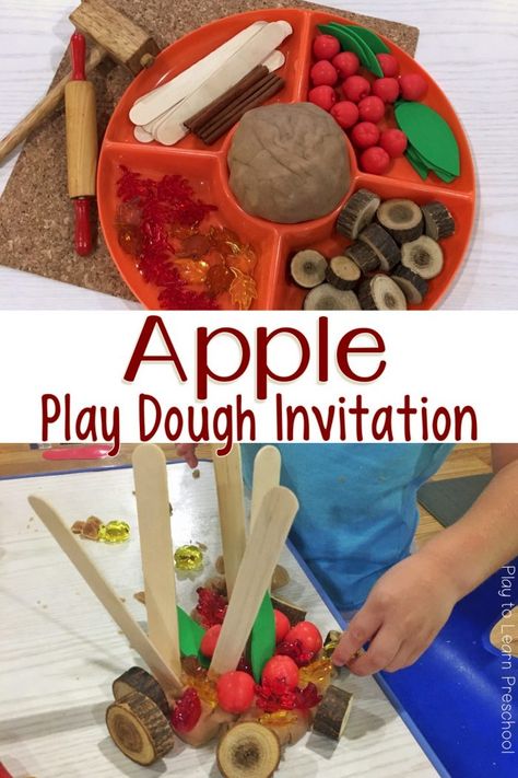 Add loose parts to this homemade apple cinnamon play dough. Place them in a round tray and invite young learners to create and play! via @PlayToLearnPS Cinnamon Play Dough, Prek Sensory, Preschool Apple Activities, Play Dough Invitation, Prek Art, Preschool Apple Theme, Apple Kindergarten, Apple Preschool, Apple Unit