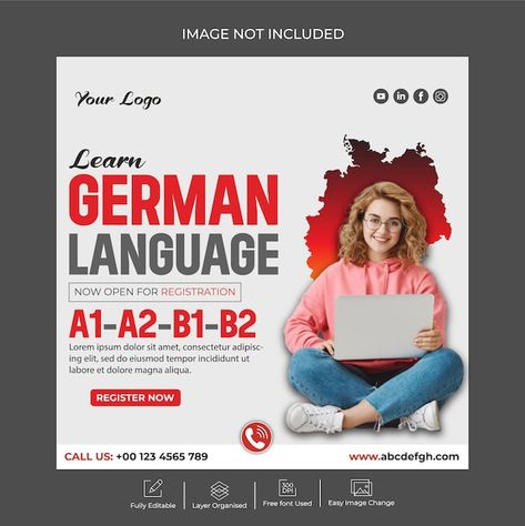 Learn german language | Premium Vector #Freepik #vector #study #germany #german #study-abroad-poster Germany Poster Design, Study Poster Design, Study Abroad Germany, Learn German Language, Study In Germany, Study German, German Study, Learn Language, Learning Poster