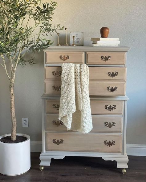 Tall Dresser Refurbish, Refinished Tall Dresser, Tall Dresser Makeover Diy Repurposing, Tall Dresser Repurpose, Dresser Decor Bedroom Ideas, Dresser Renovation, Tall Dresser Makeover, Wood Dressers Makeover, Dresser Minimalist