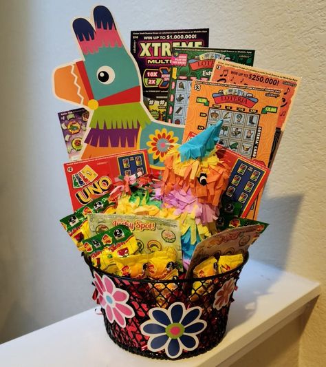 Mexican themed lottery ticket gift basket Taco Basket Raffle, Mexican Raffle Basket Ideas, Mexican Themed Gift Basket Ideas, Fiesta Theme Raffle Basket, Lottery Themed Gift Basket, Mexican Baskets, Lottery Ticket Gift, Auction Basket, Mexican Birthday