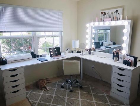 Small Office And Vanity Room, 2 In 1 Desk And Vanity, Double Desk And Vanity, Two Desk Bedroom Layout, Ikea Desk And Makeup, Makeup And Pc Desk, Makeup Vanity And Office Desk Combo, Office Desk And Vanity Combo, Ikea Vanity And Desk Combo