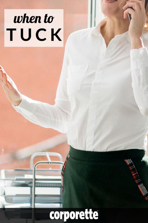 Wondering when to tuck your blouse at work and for other professional events? You might be surprised -- a bunch of readers weighed in on whether you NEED to tuck your blouse to look professional, as well as HOW to tuck your blouse so it looks flattering, even if you're petite. How To Tuck In Shirt Women Work, How To Tuck In A Blouse, Office Blouses For Women Work Outfits, Tucked In Shirt Outfit, White Work Blouse, Womens Work Shirt, How To Wear Shirt, High Waisted Slacks, White Slacks