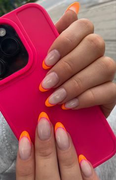 Orange And Red French Tip Nails, Pink And Orange Tip Nails, Neon Nail Colors, French Manicure Acrylic Nails, Hoco Nails, Coral Nails, Pink Manicure, Amazing Nails, Edgy Nails