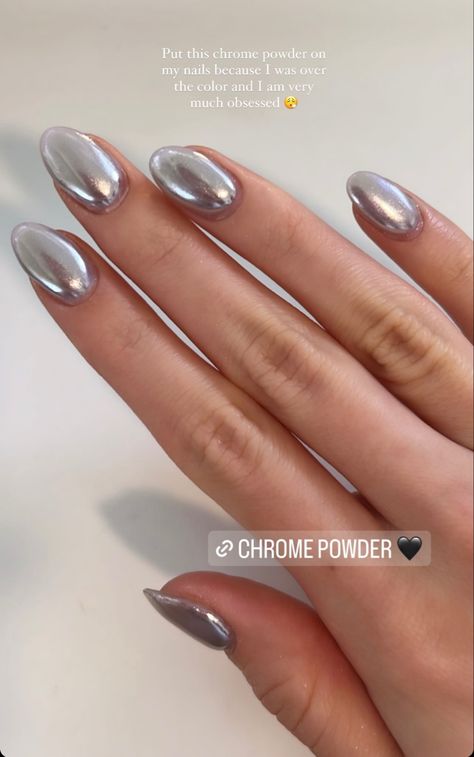 Silver Nails Metallic, Chrome Grey Nails, Matalic Nails Short, Short Silver Chrome Nails, Short Black Chrome Nails, Grey Nails With Chrome, Short Metallic Nails, Metallic Nails Short, Cat Eye Short Nails