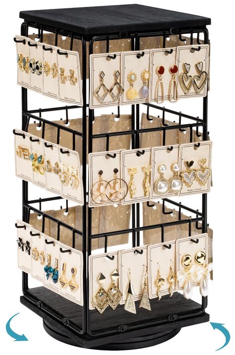 PRICES MAY VARY. Rotating Wooden Jewelry Display: This earring holder organizer sits on a rotating stand, which display your jewelry in all directions. It can display various types of earrings and necklaces or keychains in four sides, increasing earring display opportunities. Attractive and Sturdy: Our rotate jewelry display racks are made of solid wood and strong metal, durable and sturdy to ensure long term use. This earring display stands are perfect for showcasing your beautiful earrings and Jewelry Vendor Display, Rotating Jewelry Display, Earring Rack, Wooden Jewelry Display, Earring Displays, Jewelry Bar, Wood Jewelry Display, Vendor Displays, Jewelry Vendor