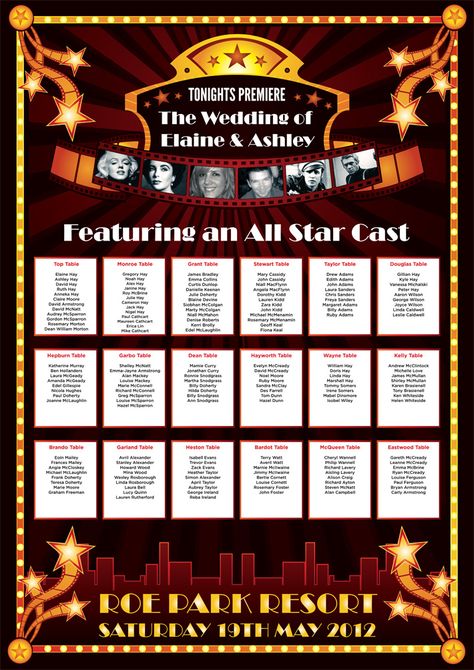 cinema movies theme wedding table plan Cinema Themed Wedding, Wedding Table Plans, Wedding Table Themes, Festival Themed Wedding, Table Markers, Seating Plans, Prom 2022, Cinema Wedding, Hollywood Theme