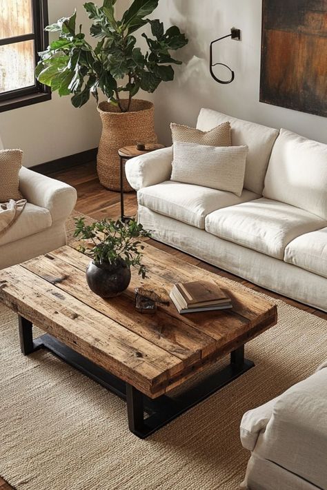 Add an eco-friendly coffee table made from reclaimed materials for rustic charm. #ReclaimedFurniture #EcoFriendlyDecor #CoffeeTable Pallet Coffee Table Ideas, Diy Metal Coffee Table, Homemade Coffee Table, Modern Rustic Coffee Table, Cottagecore Living Room Ideas, Homemade Coffee Tables, Living Room Table Ideas, Wood Coffee Table Diy, Mesa Living