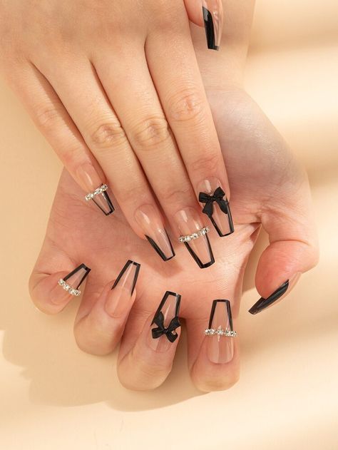 Black French Nails, Bow Decor, Fake Nail, Elegant Nails, Pretty Acrylic Nails, Nail Supply, 3d Nails, Black Ribbon, Nude Nails