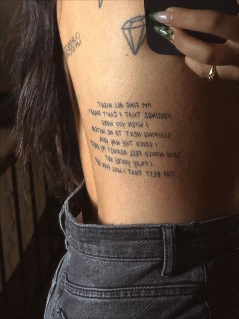 Tattoo in black and white on the rib from the lyrics of the song Valentine’s Day by the band LANY written by singer Paul Klein Paul Jason Klein Tattoos, Lany Tattoo Idea, Tattoos From Songs, Songs Tattoo, Written Tattoos, Tattoo Song, Tattoo Written, Tatted Quotes, Birth Marks