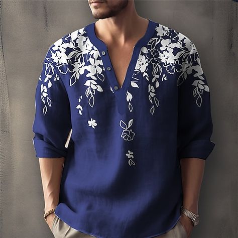 Soft Streetwear Fashion, Mens Shirts Online, Mens Printed Shirts, Floral Long Sleeve Shirt, Henley Shirt Men, Streetwear Mode, Linen Fashion, Floral Graphic, Fall Fabric