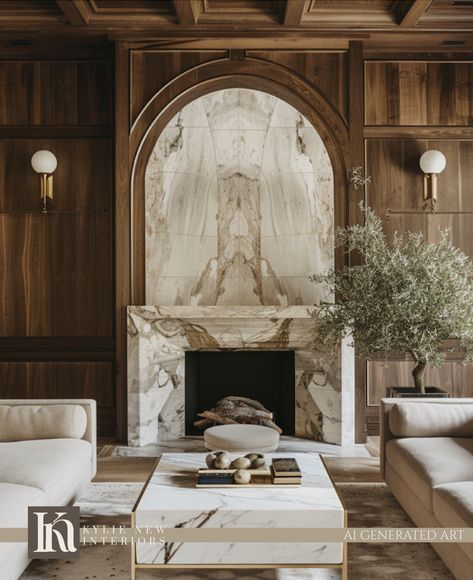 Fireplace Mantle Tall Ceiling, Fireplace Millwork High Ceiling, Living Room Fireplace Tall Ceilings, Electric Marble Fireplace, Dark Marble Fireplace Surround, Traditional Linear Fireplace, Wood And Marble Living Room, Curved Stone Fireplace, White Walls Dark Fireplace