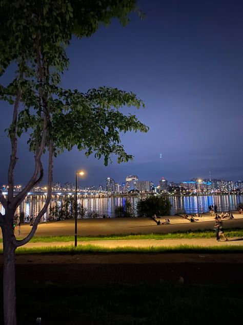 Seoul Han River Aesthetic, Sungai Han Seoul Night, Han River Aesthetic Night, Han River Aesthetic, Han River Night, Korea Han River, Earth Tone Ootd, Han River Seoul, Korea Night