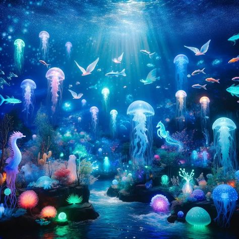 🌊✨ Dive into the Enchanted Ocean ✨🌊 Immerse yourself in the mystical depths of our enchanted ocean. Glowing bioluminescent plants and corals light the way as magical sea creatures like shimmering jellyfish, iridescent fish, and glowing seahorses swim gracefully. This serene and fantastical underwater world is a testament to the beauty and wonder that lies beneath the waves. Let your imagination swim free and explore the vibrant marine life that calls this magical ocean home. 🌌🐠🦄 #Enchanted... Glowing Sea Creatures, Deep Sea Bioluminescence, Bioluminescence Underwater, Bioluminescence Fish, Bioluminescent Coral, Bioluminescence Creatures, Bioluminescent Ocean, Bioluminescent Plants, Magical Jellyfish