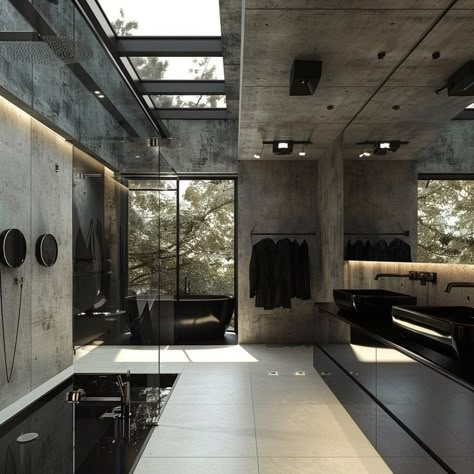 Modern Industrial Bathroom Design, Brutalism Interior, Modern Industrial Bathroom, Brutalist House, Brutalist Interior, Industrial Bathroom Design, Black Bathtub, Black Fixtures, Concrete Interiors