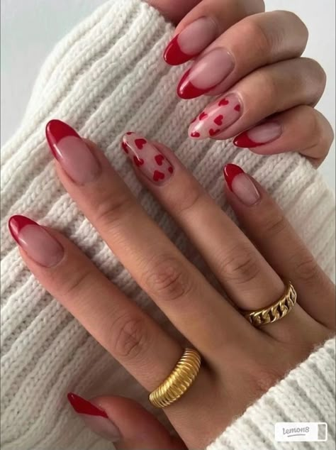 Red And Glitter Nails, Nails Heart Design, V Day Nails, February Nails Ideas, Valentine Day Nails, Red French Tip, Nails Valentine, Nails Heart, Nails Glossy